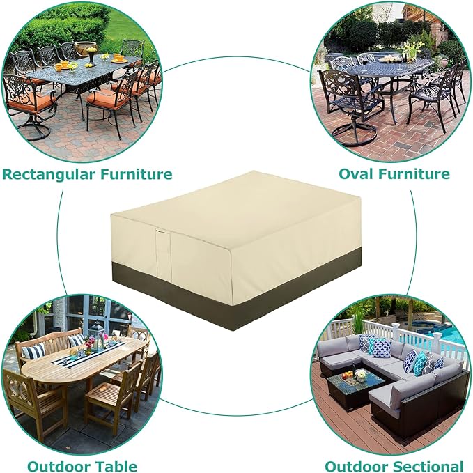 SunPatio Patio Furniture Covers, 600D Waterproof Rectangular/Oval Dining Table and Chairs Cover, All-Weather Protection Outdoor Sectional Conversation Set Cover, Beige and Olive, 88"W x 62"D x 28"H