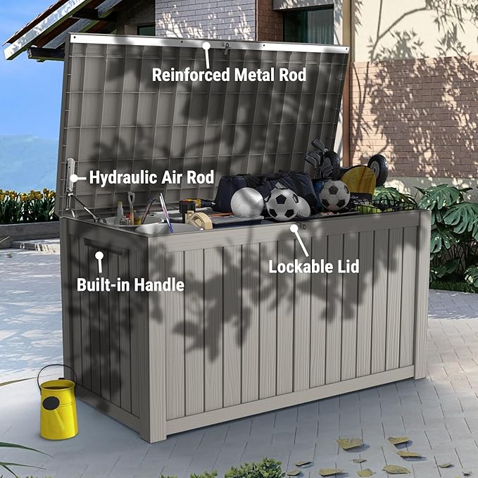 Mars Villa 180 Gallon Outdoor Storage Box, Large Waterproof Resin Deck Box for Patio Furniture Cushions, Pool Supplies, Gardening Tools, Lockable, Weatherproof and UV Resistant, Greige