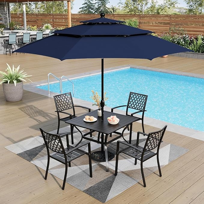 PHI VILLA 37 Inch Outdoor Dining Table Metal Steel Slat Square Patio Dining Table with 1.57" Umbrella Hole for Garden, Backyard and Porch (Classic Black)