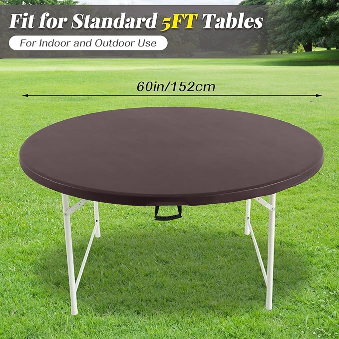 LURKA Round PU Leather Table Cover/Tablecloth with Elastic Hem – Waterproof, Oil-Proof, Scratch-Resistant, Wipeable Spill Protector for Dining Table, Kitchen, Outdoor Party (Coffee, 5FT-Round)