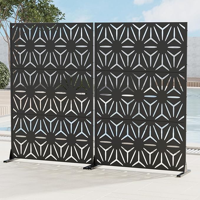 Casaphoria 72" H x 45" W Metal Privacy Screen, 2 Pack Outdoor Freestanding Decorative Divider for Patio & Garden with Stable Base, Black-Star