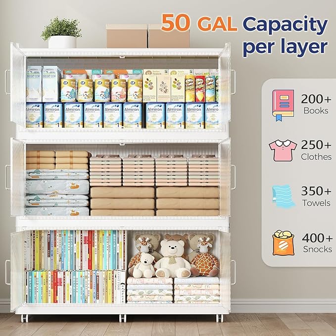 240GAL Extra Large Storage Bins with Lid, 960QT Collapsible Organizer with Wheels, Stackable Closet Cabinet with Doors, Folding Storage Containers for Home, Office, Kitchen, 3Pack White
