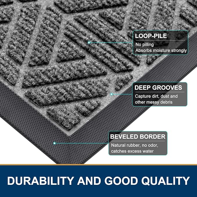 Smiry Front Door Mat Outside Entrance, Heavy Duty Sturdy Natural Rubber Doormat, Trap Dirt and Moisture, Easy Clean Low Profile Mats for Indoor Outdoor Entry, Grid Geometric (36x24, Silver Grey)