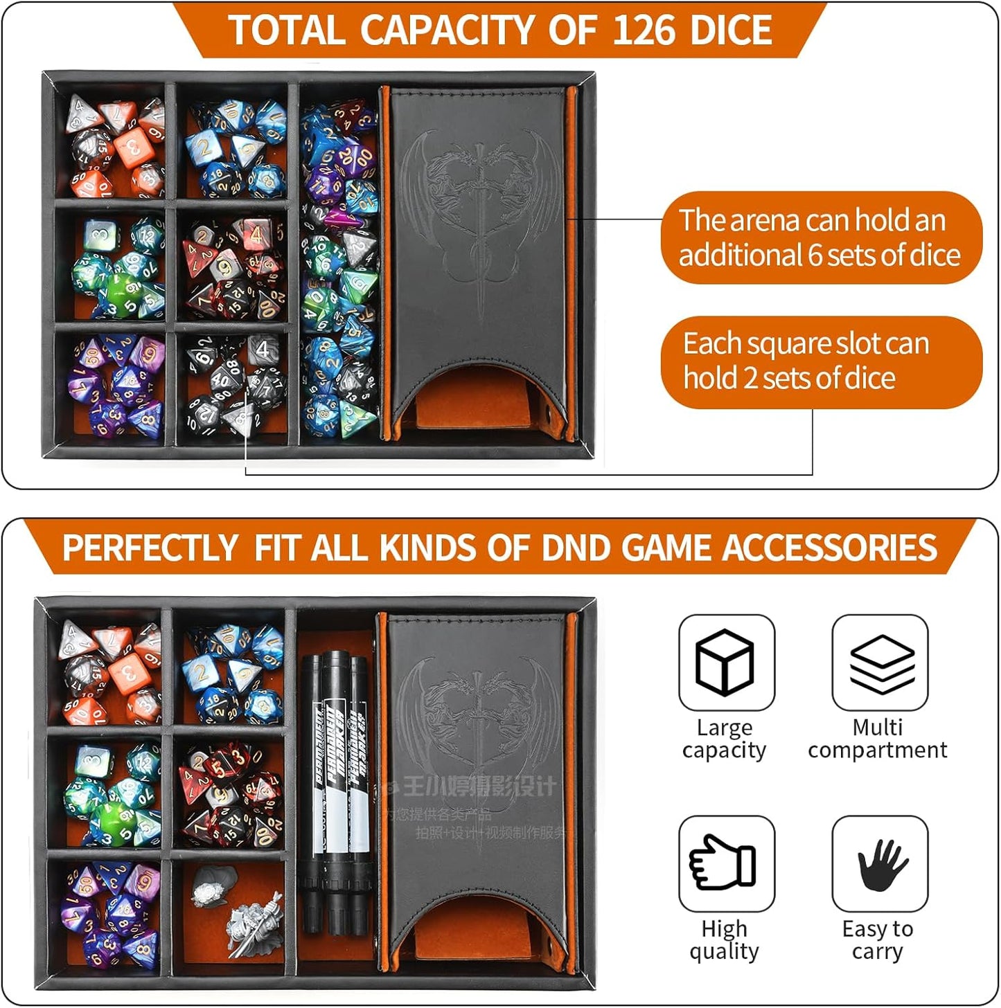 3 in 1 Dice Tray and Tower with Storage, Portable Dice Box for DND, D&D, MTG - Brown