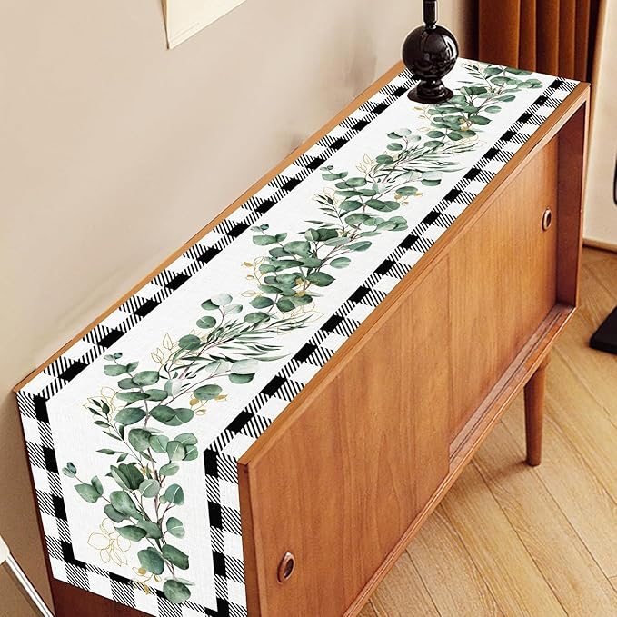 Green Eucalyptus Table Runner, Farmhouse Spring Plants Leaves Checkered Baffalo Plaid Rustic Country Greenery Cafe Coffee Table Center Decor for Home Kitchen Dining Patio Indoor Outdoor, 13"x90" Inch