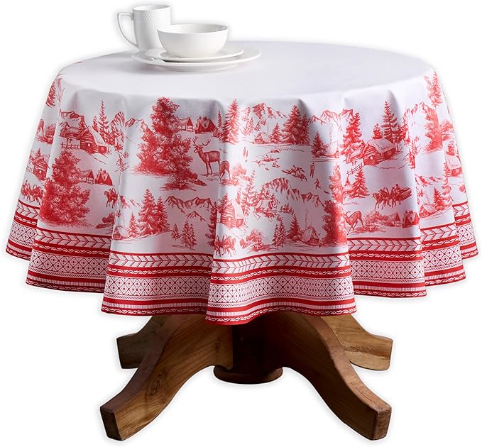 Maison d' Hermine Table Cloth Round Table 100% Cotton 63 Inches Fall Tablecloth Reusable Everyday Use for Thanksgiving Christmas Decorations Dining Farmhouse Party (Winter Jouy)