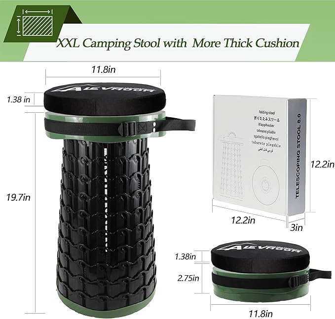 ALEVMOOM Upgraded XXL Collapsilbe Stool with Cushion,More Sturdy and Height 19.7“,D11.8”,Portable and Lightweight Adjustable Telescoping Stool for Camping Hiking BBQ Max Loading 1000Ibs