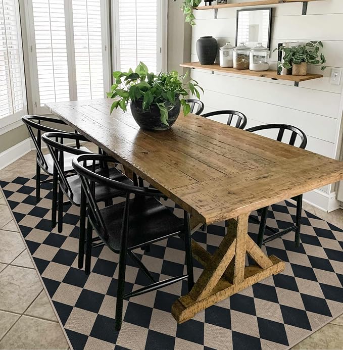 Easy Jute Black Checkered 8x10 Area Rug, Washable Modern Outdoor Rug for Patio Non-Slip Diamond Rugs for Living Room, Neutral Farmhouse Floor Carpet for Bedroom Dining Room Classroom