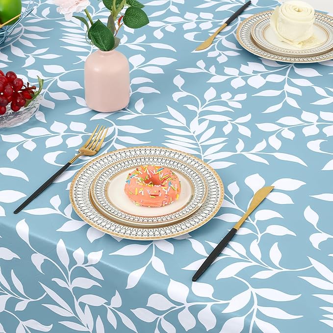 misaya Rectangle Waterproof Vinyl Table Cloth, Wipeable Tablecloth with Flannel Backing, Plastic Table Cover for Dinner, Picnic, Indoor and Outdoor (Blue Leaves, 54" x 78")