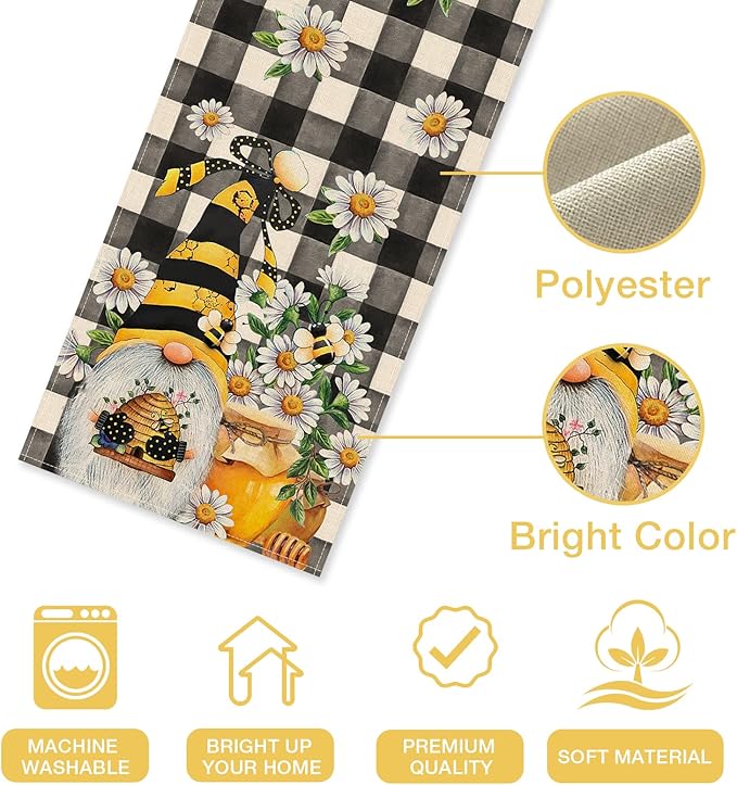 Seliem Spring Bee Gnome Table Runner, Honey Black White Buffalo Plaid Check Home Kitchen Dining Decor, Summer Seasonal Farmhouse Daisy Decorations Indoor Outdoor Anniversary Party Supply 13 x 60 Inch