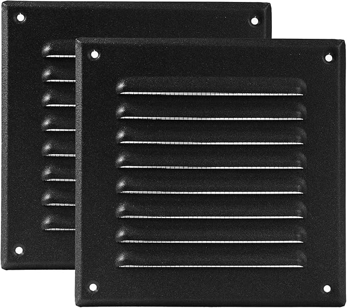 Vent Systems - 5 x 5 Inch (Inner) Pack of 2 Black Metal Square Soffit Air Vent Grille Cover, Register Vent Deflector Louver Built-in Mesh HVAC for Bathroom Home Office Kitchen 6.5" x 6.5" (Outer)