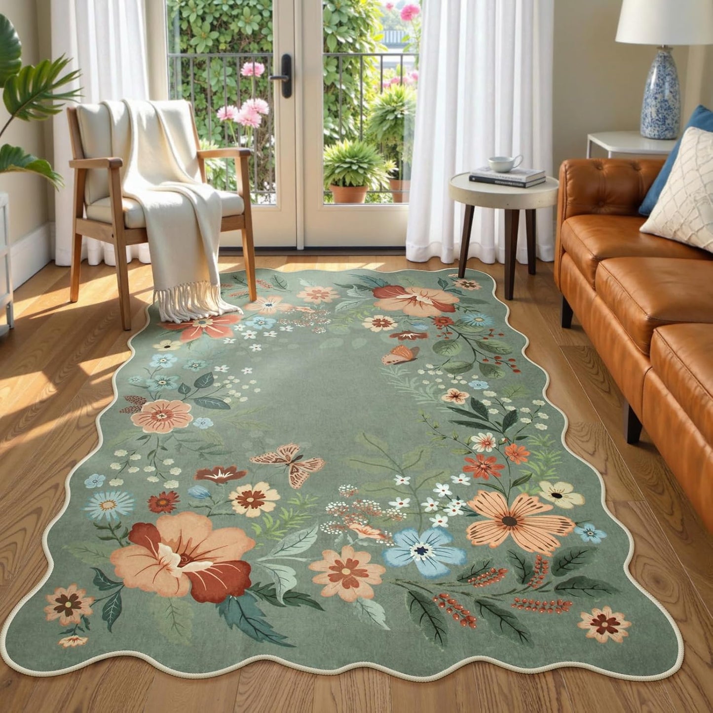 Beeiva Washable Rugs 5x7 - Scalloped Floral Printed Soft Non Slip Green Rug for Bedroom Under Bed Boho Living Room Rugs Ultra-Thin Low Pile Carpet for Playroom Dining Room Dorm(Green,5x7ft)