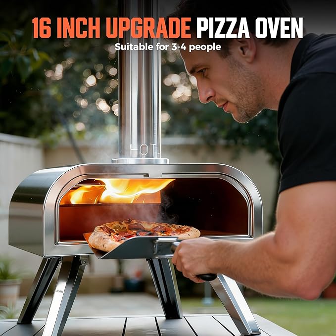 BIG HORN OUTDOORS 16" Woodfire Pizza Stone Oven, 1112°F Outdoor Stainless Pizza Cooker, Portable for Party Usage, Sliver