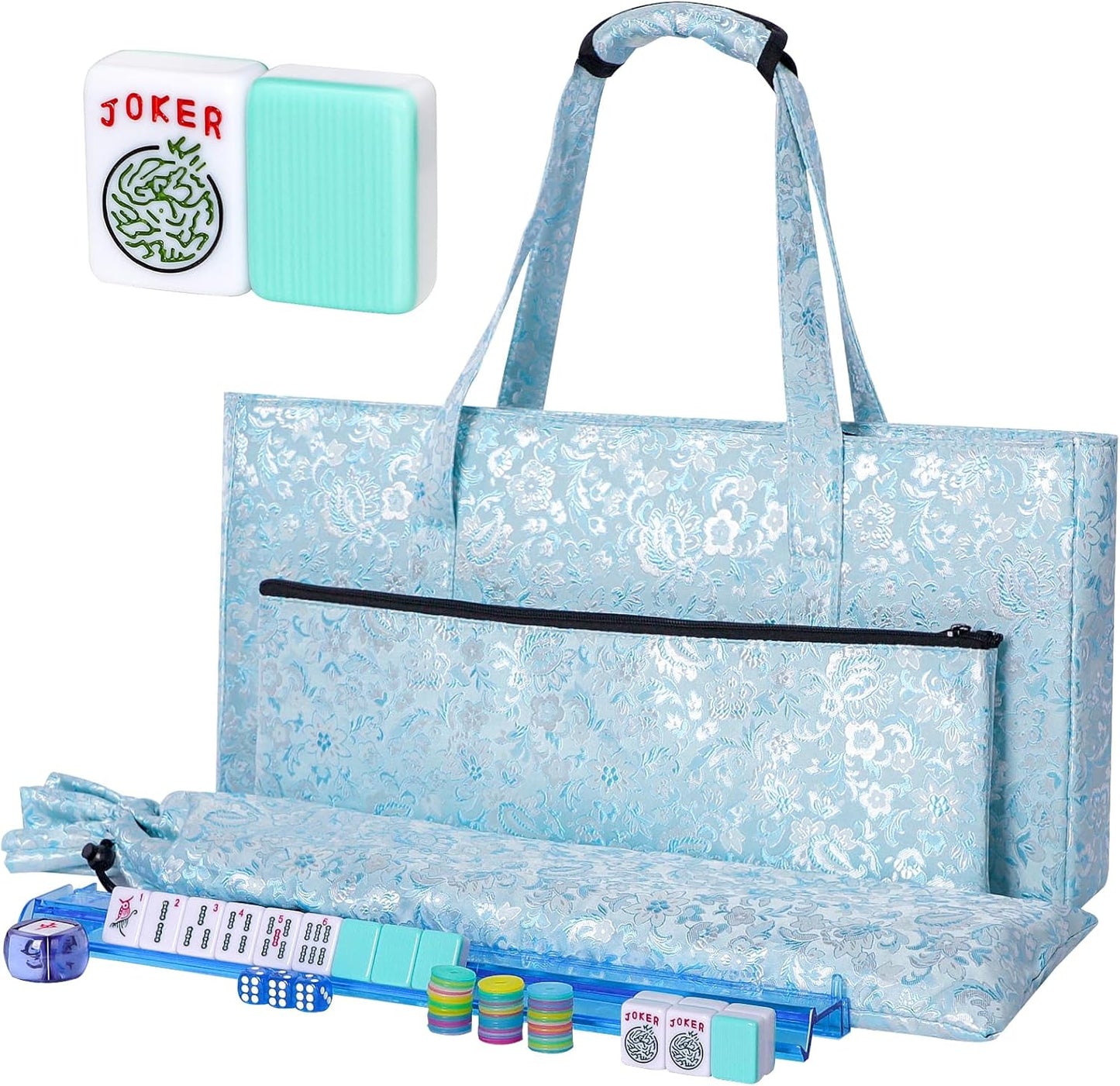 American Mahjong Game Set, 166 Light Green Tiles, Blue Bag with Entire Accessories, 4 All-in-One Rack/Pushers, Mahjong Tiles Set