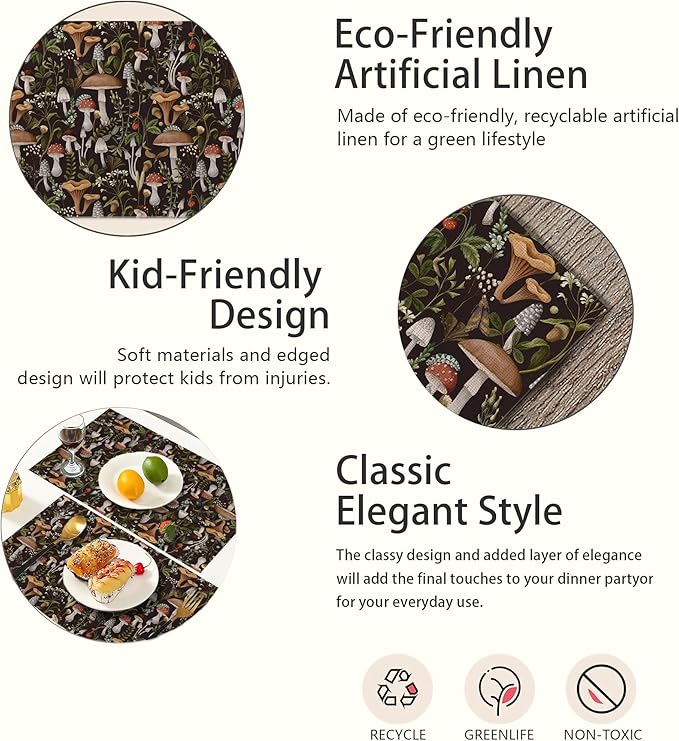 Fantasy Mushroom Forest Placemats Set of 6,Insect Berry Linen Washable Kitchen Dining Table Mats Heat Resistant Place Mats for Home Party Indoor Holiday 12x18 Inch