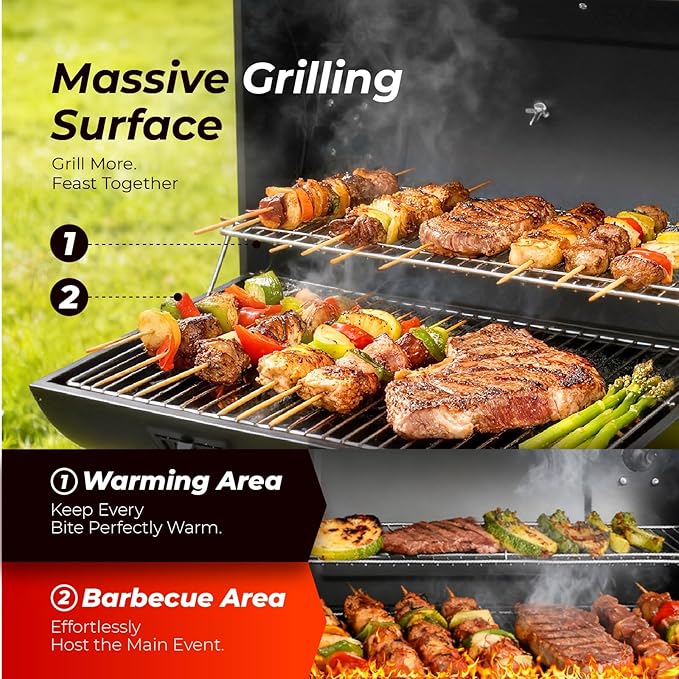 Outvita Barrel Charcoal Grill with Warming Rack, Outdoor BBQ Grill with Side Front Table with Spacious Cooking Grid Area for Backyard Patio Picnic Parties Camping, Black