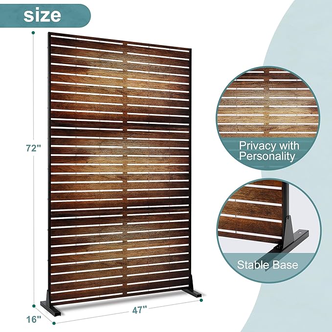 Metal Privacy Screen Outdoor Freestanding Privacy Wall Panels and Decorative Patio Dividers,Crafted from Steel with Sun-Proof Design,Ideal for Patio,Garden,72" H×47" L（Wooden&Vintage-3 Panels