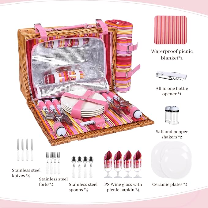 Neti Neti Wicker Picnic Basket for 4 with Insulated Cooler & Waterproof Blanket – Large Willow Picnic Hamper for Outdoor, Camping, Beach, Romantic Dates, Valentine’s Day