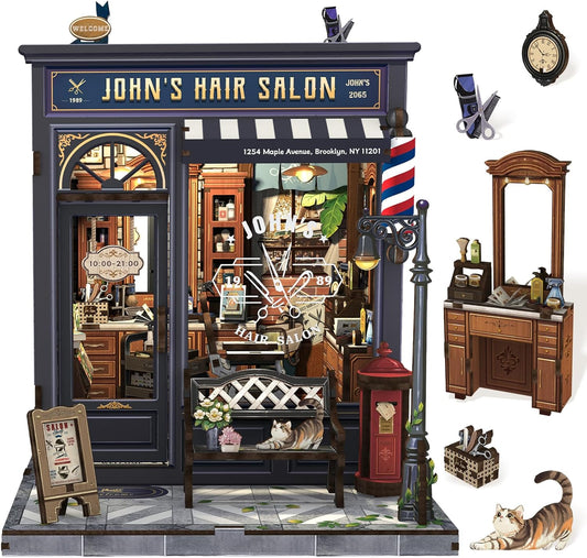 Cutefun Book Nook Kit - DIY Miniature Dollhouse Kit for Adults and Teens, Barbershop Mini House Building Kit with LED Bookshelf Insert Decor Creative Gifts (John's Hair Salon)