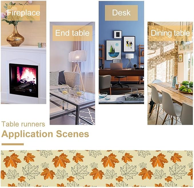 Fall Maple Leaves Table Runner, Rustic Vintage Autumn Orange Leaf Thanksgiving Farmhouse Kitchen Dinning Table for Indoor Outdoor Home Party, 13x60inch