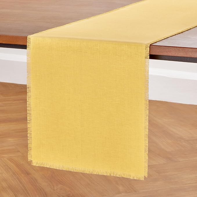 Solino Home Fringe Linen Table Runner 48 Inches - 100% Pure Linen Marigold Yellow Table Runner 14 x 48 Inch Ideal for Dresser and Coffee Tables, Spring, Easter