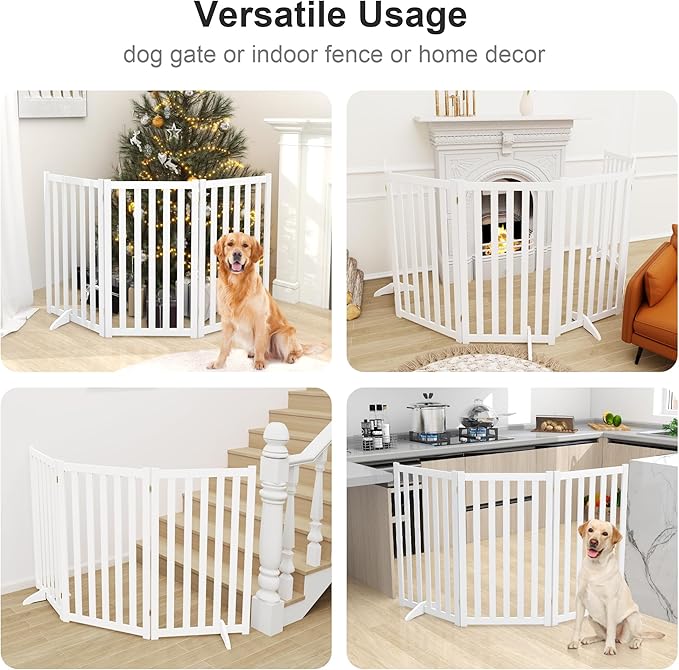 36" Height Extra Tall Freestanding Pet Gate, Solid Wood Folding Safety Fence Wooden Dog Gate with 2 PCs Support Feet Ideal for Stairs, Doorways, Halls, Kitchens, Heavy Duty Gates, 3 Panels, White