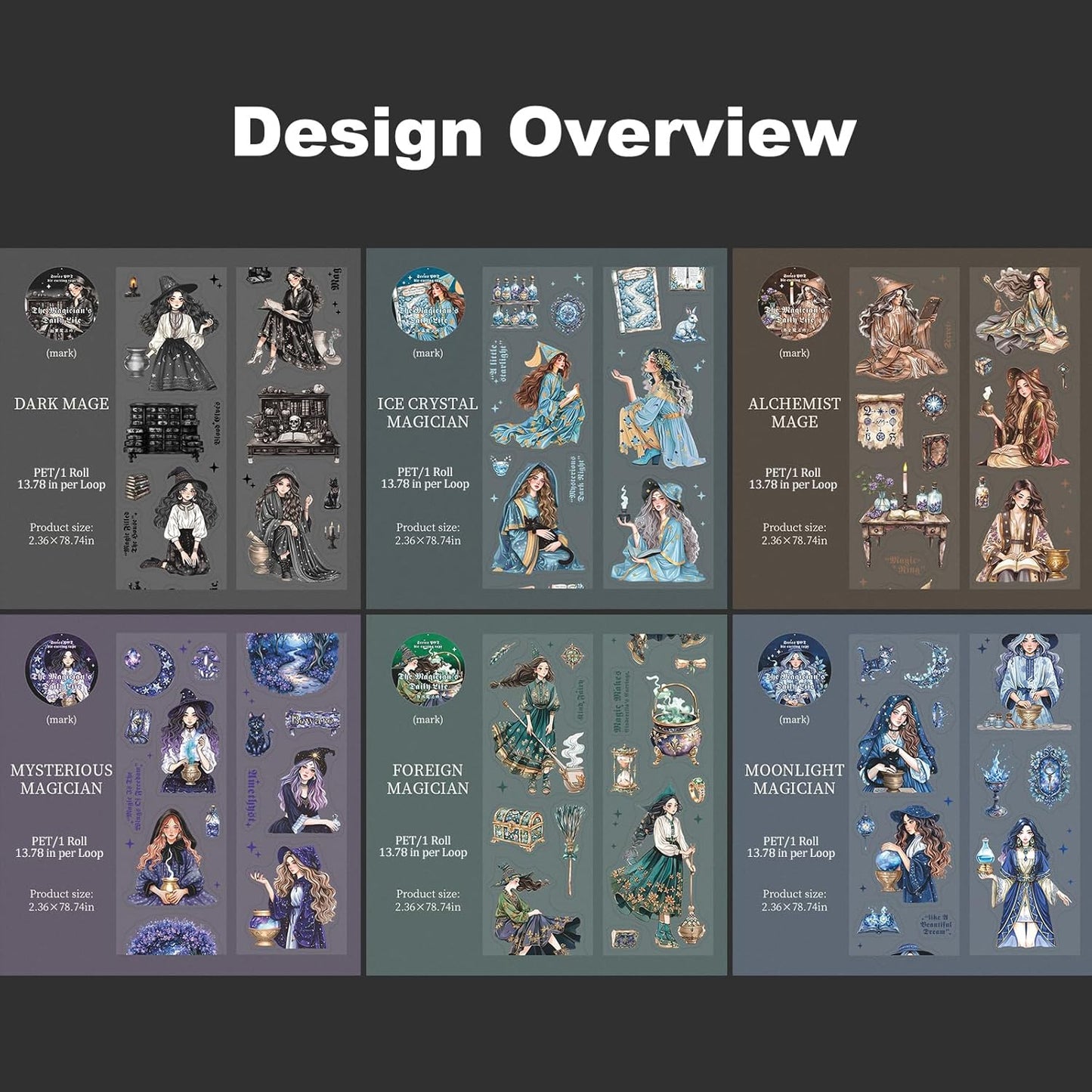 Magic-Themed PET Sticker Tape Set – 6 Rolls Pre-Cut Fantasy Witch Designs, Adhesive, with Clip for Scrapbook, Journal and DIY Decoration