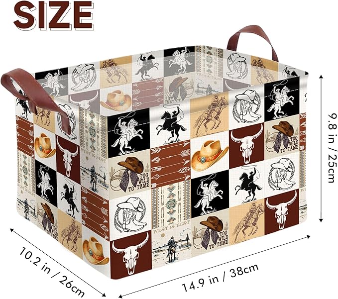 Western Cowboy Storage Basket Waterproof Canvas Toy Storage Bin Western Home Decor Collapsible Outdoor Basket with Leather Handles Western Decor Blanket Baskets For Closets,Bedrooms,Gifts Baskets