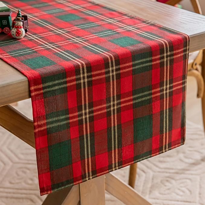 Red Green Gold Plaid Christmas Table Runner, Winter Holiday Table Runners 72 inches Long Xmas Decorations Indoor Outdoor Farmhouse Home Kitchen Dining Party Decor