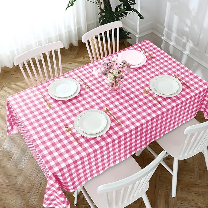 Romanstile Rectangle Vinyl Tablecloth, 100% Waterproof Buffalo Gingham Plastic Table Cloth, Heavy Duty Wipeable Checkered Table Covers for Outdoor, Camping, Picnic, Patio - 54 x 108, Hot Pink