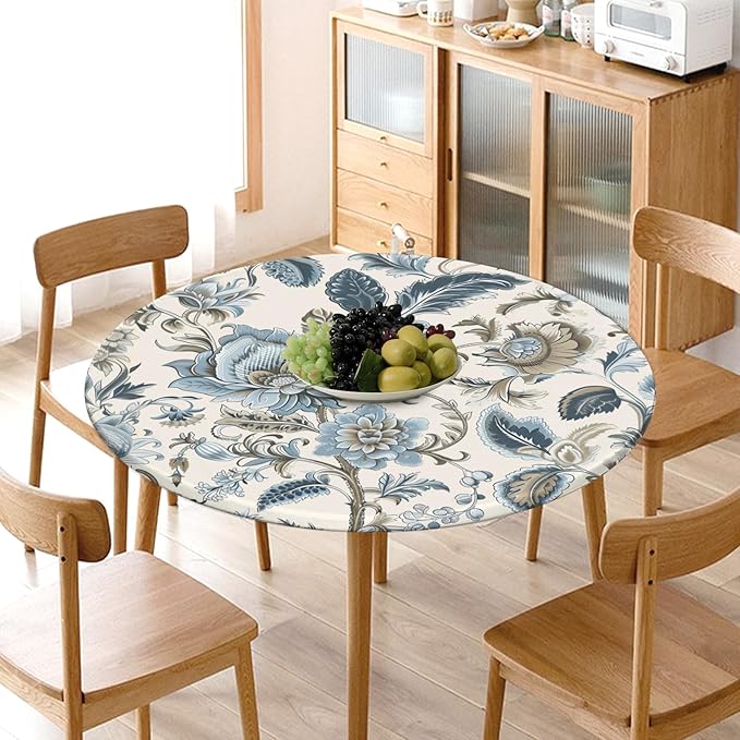 Vintage Floral Round Fitted Tablecloth with Elastic Blue Brown Chinoiserie Flower Circle Table Cloth for 40-44" Round Tables Wipeable Waterproof Elegant Rustic Table Cover for Dining Patio Picnic