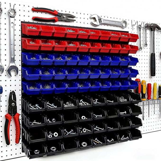 94 Pcs Wall Mounted Storage Bins, Garage Organizer System with Black, Blue, Red Plastic Bins, ABS Material, 30.7 x 30.7 x 5.9 Inch, for Nuts and Bolts Storage
