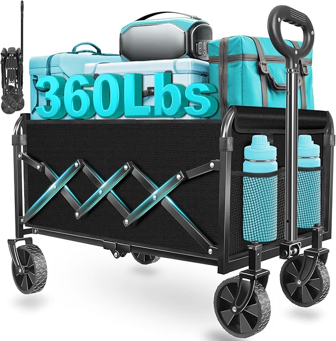 Wagons Carts Foldable, Collapsible Wagon with Wheels — Durable Foldable Wagon for Groceries,Picnic & Pets, Small Hauls, Apartment Moving & Storage, Portable Utility Pull Wagon Cart, 360lbs, Jet Black