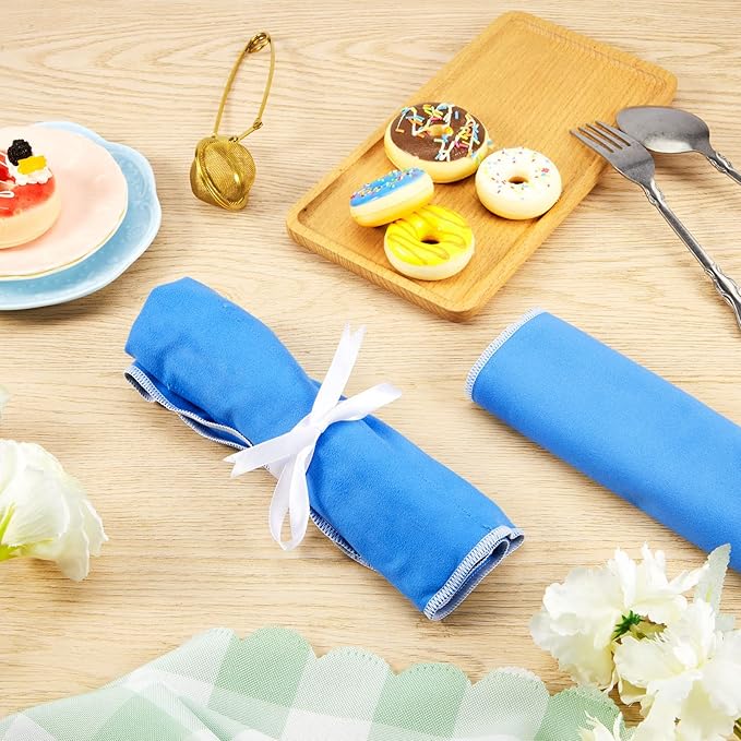 Weewooday Silver Storage Bags Anti Tarnish Silver Protector Bags Blue Holder for Silverware Flatware Storage Organizer Cloth Place Setting Roll with White Ribbon for Teaspoon Utensils(4 Pieces)