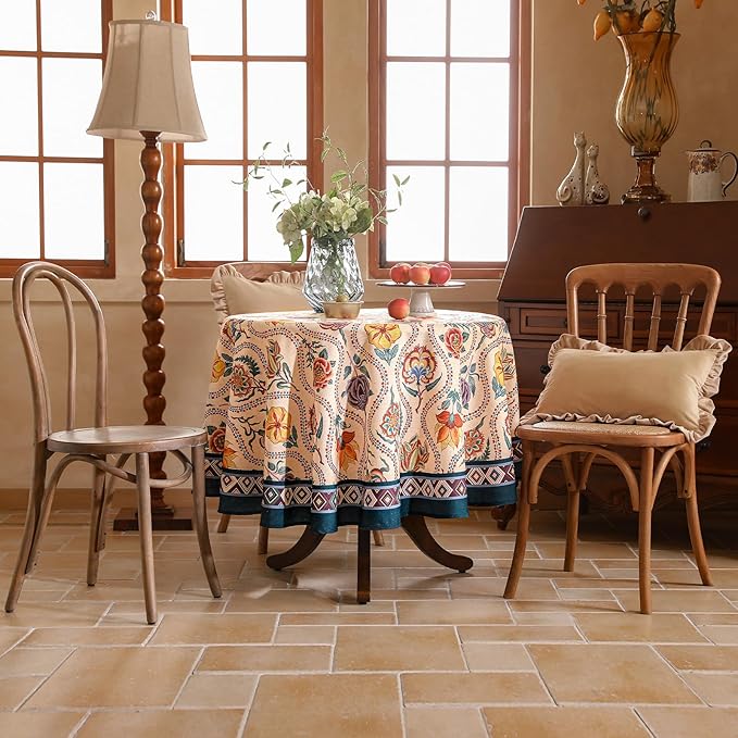 Vintage French Round Tablecloth,Linen Extra Long Tablecloth with Rose and Cornflower Pattern,Decorative Table Cover for Kitchen,Dining,Thanksgiving,Party,Diameter 67"-Lanae