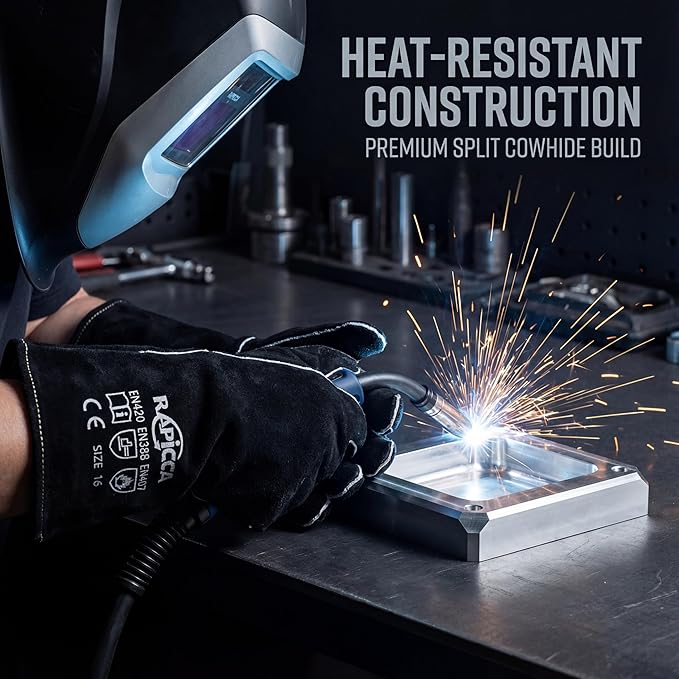 RAPICCA Welding Gloves 16IN Heat & Fire Resistant Leather for Stick MIG TIG Flux-Core Welder, Forge, Blacksmith, Fireplace, Wood Stove, Fire Pit, Furnace, Dry Ice Handling – Black – 662°F Protection