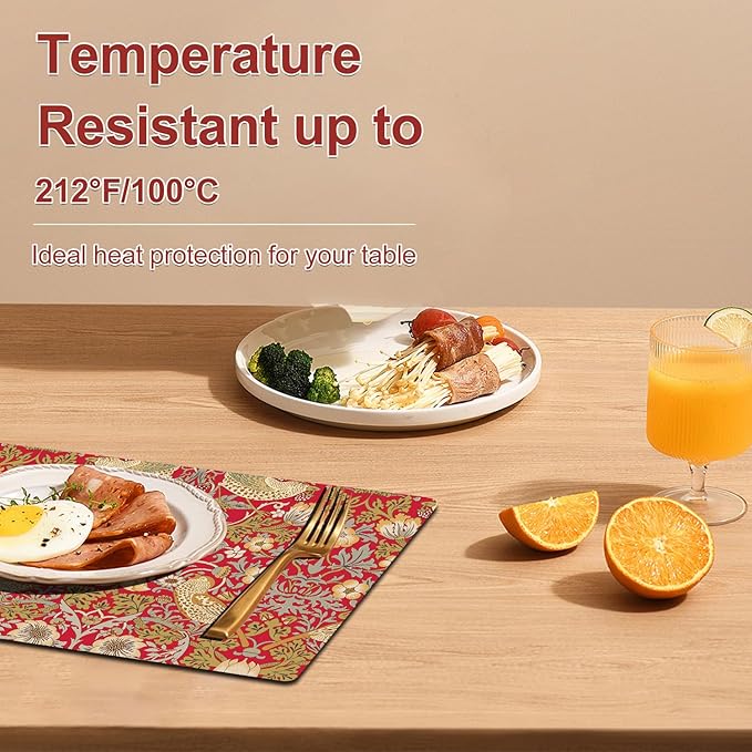 Strawberry Thief Red Placemats - Placemats Set of 4 Faux Leather Heat Resistant for Dinner Table, Non-Slip Waterproof Oil-Proof Washable Reusable Placemat for Indoor Outdoor Kitchen
