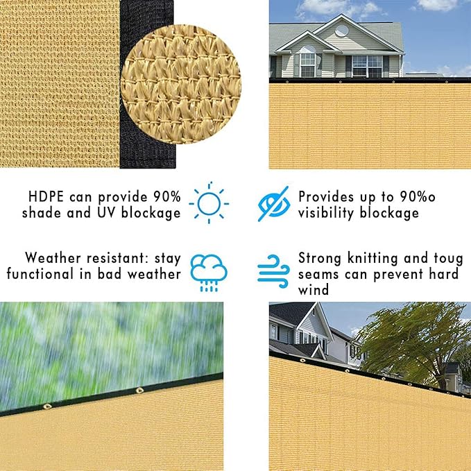 UPGRADE Privacy Fence Screen 5'x100' Sand Outdoor 90% Visibility Blockage 170 GSM Mesh Shade Cover Panels for Backyard,Balcony,Home Decoration with Zip Ties,Customized Avaliable