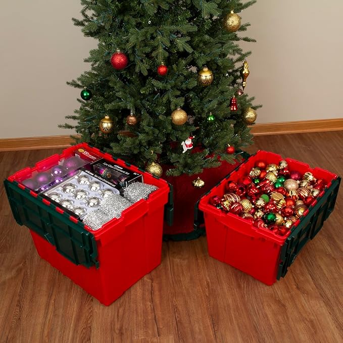 Akro-Mils KeepBox 18 Gallon Storage Container, Nesting and Stackable Plastic Storage Box with Lid Attached, Organizer Tote for Garages, Closets, and Moving, 21" x 15" x 17", Red/Green