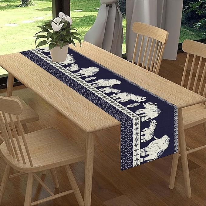 Boho Elephant Table Runner, Rustic African Tribal Traditional Diwali India Ethnic Folk Rustic Blue Coffee Table Center Decor for Home Kitchen Dining Holiday Party Outdoor Table Decorations, 13"x90"