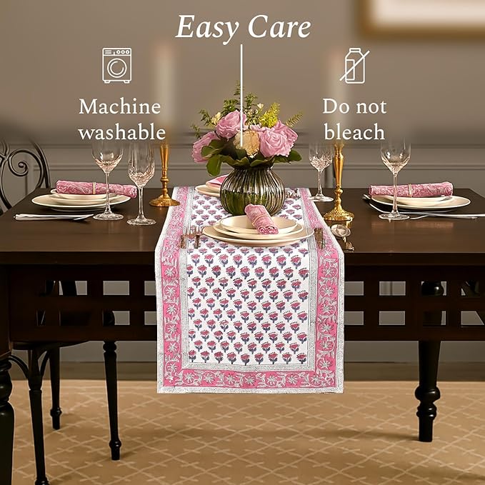 CPC Cotton Table Runner 16x90 Inch Block Printed Long Fall Table Runner for Dining Table, Card Table, Coffee Table, Wedding, Farmhouse & Outdoor Barbeque-Pink Sapphire