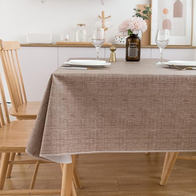 LIBERECOO Vinyl Tablecloth with Flannel Backing, Flaxen, Waterproof, Stain-Resistant, Easy-Clean Table Cover for Dining, Kitchen, and Outdoor Use, 60" x 60" Square