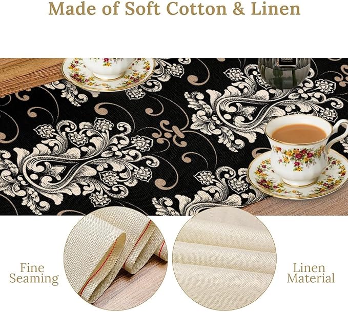 Goth Table Runner, Antique Gothic Damask Pattern Baroque Style Black Floral Flower Exotic Coffee Vintage Table Center Decor for Kitchen and Dining Outdoor Country Party Table Decorations, 13"x36"