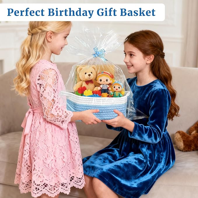 Succwoah 8 Pack Small Woven Baskets with Gift Bags & Ribbons & Cards, Cotton Rope Nursery Storage with Handles, 12"x8"x5", Empty Gift Baskets for Baby Shower, Christmas, Thanksgiving, Organizer (Blue)