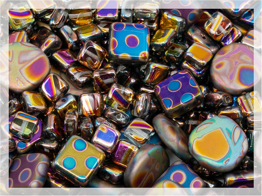 1.75 oz (50g) Mix of Unique Czech Bohemia Glass Pressed Beads, Violet Pink Vitrail Sliperit, Patterned, Matte and Glossy, Hand Made BCV
