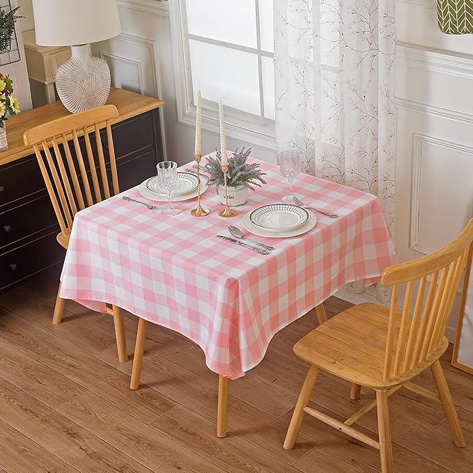Cupuamon 2 Pack Waterproof Polyester Fabic Square Checkered Tablecloth，54x54 Outdoor Table Cloth，Oil Stain Prevention Table Cloth for Pinics and Parties（Pink and White）