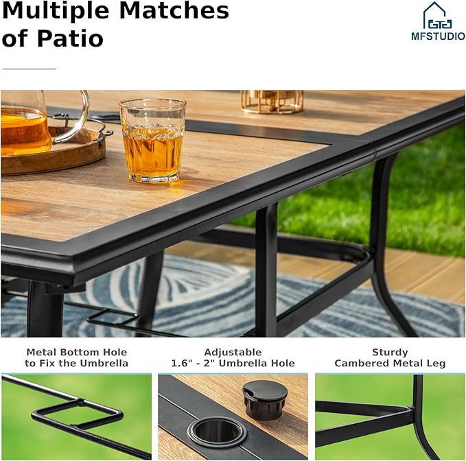MFSTUDIO Outdoor Patio Dining Table for 6, Rectangular Furniture Table with Metal Frame and Immitation Wood Top, Outdoor Deck Backyard Garden Table with Umbrella Hole