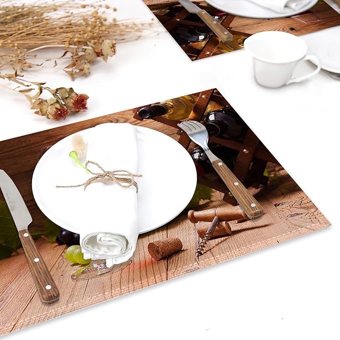 Red Wine Grapes Placemats for Dining Table Set of 6,Glass Cup Place Mats for Home Party Kitchen Indoor Holiday Rustic Washable Heat Resistant Table Mats 12 x 18 Inch