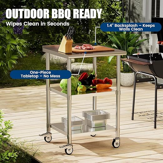 Stainless Steel Work Table with Wheels, 24x24 Inch NSF Food Prep Table with Backsplash & 2 Adjustable Undershelves for Commercial Kitchen, Restaurant, Garage