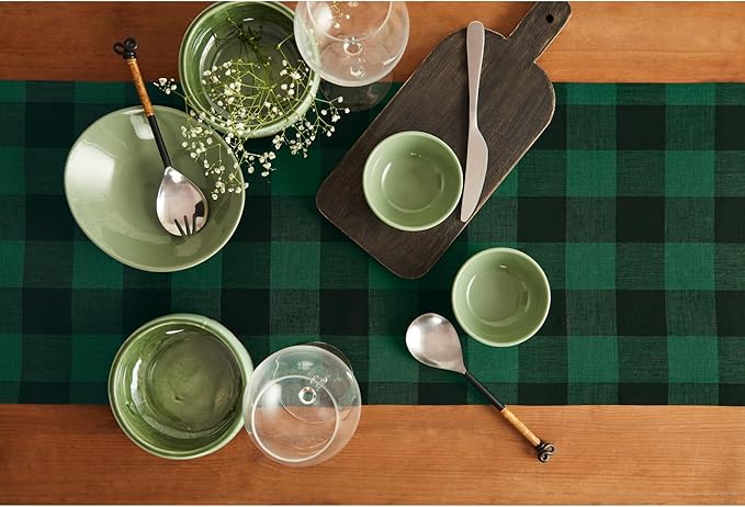 Solino Home Linen Checkered Table Runner 132 Inches Long - 100% Pure Linen Green and Black Buffalo Check Extra Long Table Runner 14 x 132 Inch Ideal for Dining, Winter
